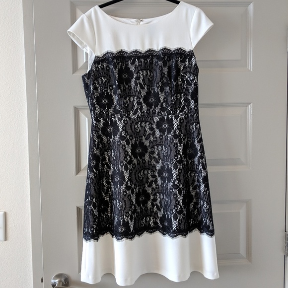 Saks Fifth Avenue Black Label Dresses & Skirts - Classic white & black lace dress with cap sleeves